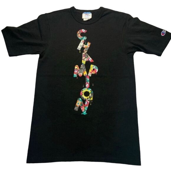 CHAMPION Men’s Happy Color Abstract Black T-Shirt Big Spell Out Cheerful Graphic - Picture 1 of 9